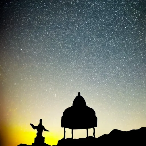 Image similar to Film still of silhouette of indian statue, sukhasana, starry sky, flying saucer, ufo, ufo, ufo, with radiating hill, full shot