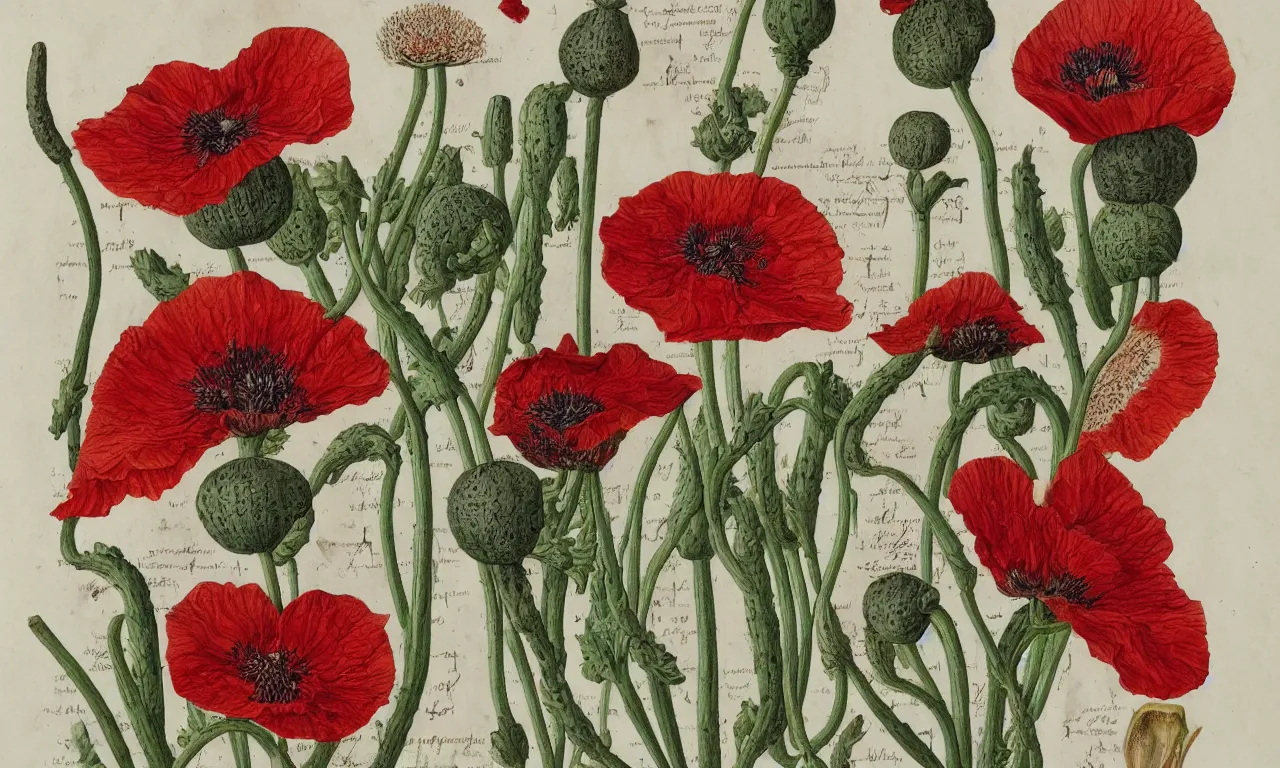 Image similar to botanical illustrations of papaver somniferum in the style of carl linnaeus, on parchment, watercolour, highly detailed 8 k /