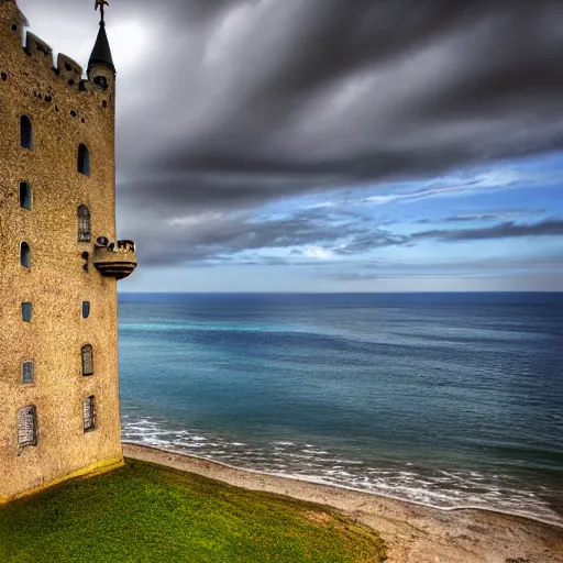 Prompt: photorealistic photograph of a castle with the ocean behind by suzi eszterhas, photorealism, photorealistic, realism, real, highly detailed, ultra detailed, detailed, f / 2. 8 l canon ef is lens, canon eos - 1 d mark ii, wildlife photographer of the year, pulitzer prize for photography, 8 k