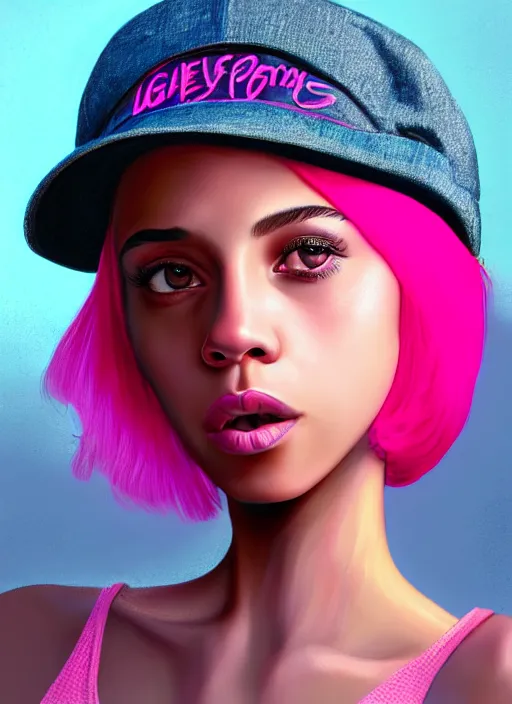 Image similar to portrait of teenage vanessa morgan with bright pink hair, black girl, curly pixie cut hair, wearing newsboy cap, pink short haircut, newsboy cap, hoop earrings, blue eyes, intricate, elegant, glowing lights, highly detailed, digital painting, artstation, concept art, smooth, sharp focus, illustration, art by wlop, mars ravelo and greg rutkowski