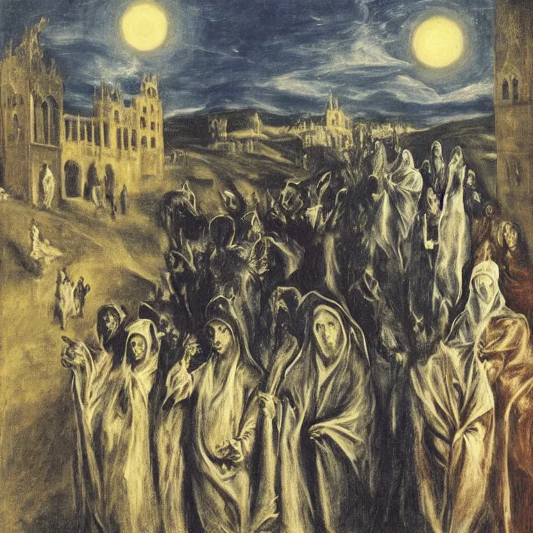 Image similar to A Holy Week procession of four souls in a Spanish landscape at night. A figure at the front holds a cross. El Greco, Remedios Varo, Salvador Dali, Carl Gustav Carus, John Atkinson Grimshaw. Blue tint.