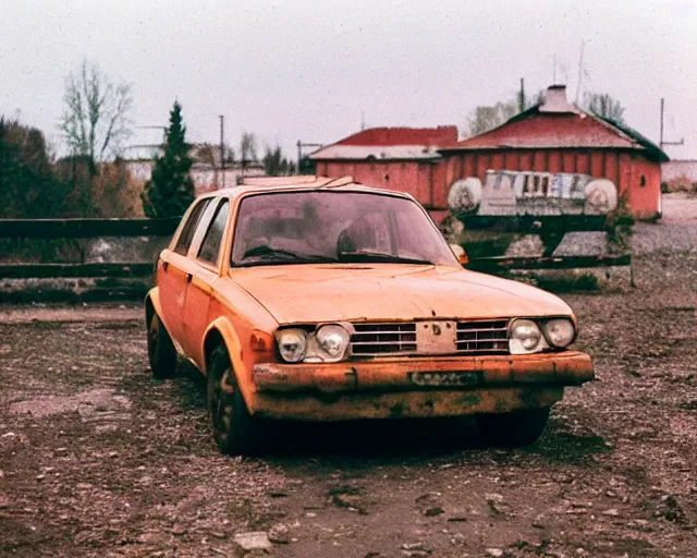 Image similar to a lomographic photo of old lada 2 1 0 7 standing in typical soviet yard in small town, hrushevka on background, cinestill, bokeh