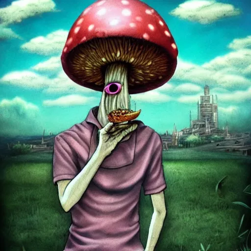 Image similar to a centered chest up portrait of a psychedelic demonic anthropomorphic mushroom - man smoking a hand - rolled cigarette smoking heavily, magic mushroom village in background. award winning. superb resolution. in the art style of junji ito and greg rutkowski. detailed mushroom city in background. hyper realistic anime. perfect art. dalle 2