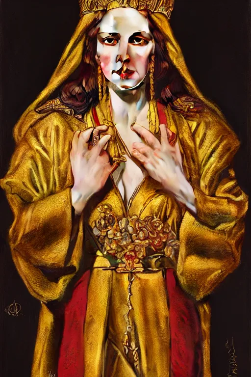 Prompt: Portrait of historically accurate, ancient biblical, sultry, sneering, evil, pagan, wicked, queen jezebel, wearing gilded robes, long hair, intricate, elegant, highly detailed, masterpiece, illustration, art by J C Leyendecker, highly detailed, trending on artstation, award winning