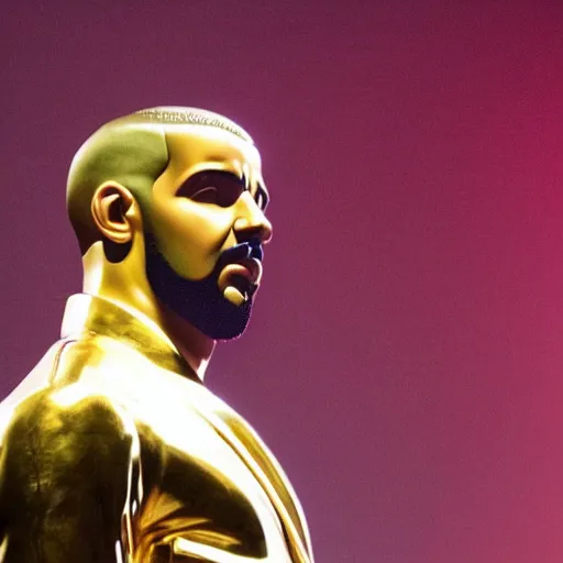 Prompt: Drake worshipping a golden statue of himself, low angle