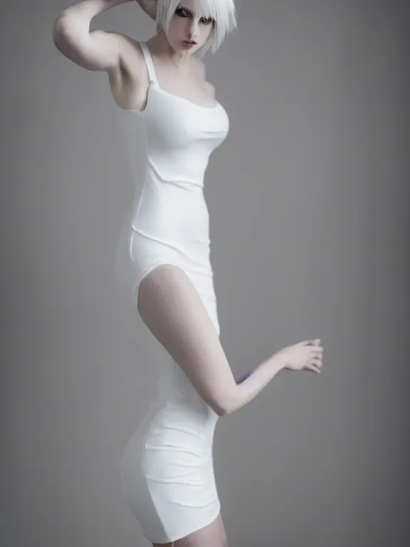 Image similar to studio photo of gorgeous seductive tall emily skinner cosplaying annie leonhart wearing tight white wet dress, in a white room, beautiful face, pale skin, rule of thirds, cinematic lighting, sharp focus, backlit, stunning, smooth, hard focus, full body shot