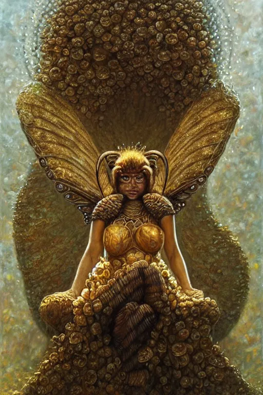 Image similar to the personification of a queen bee sitting on her hive throne. art by tomasz alen kopera.