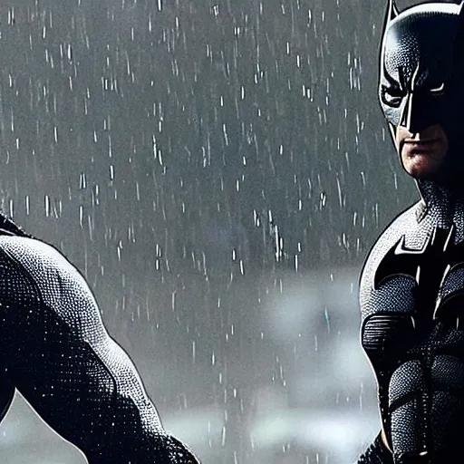 Prompt: Dwayne Johnson as Spiderbatman , raining ,an film still
