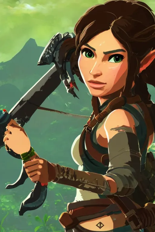 Image similar to an in game portrait of lara croft from the legend of zelda breath of the wild, breath of the wild art style.