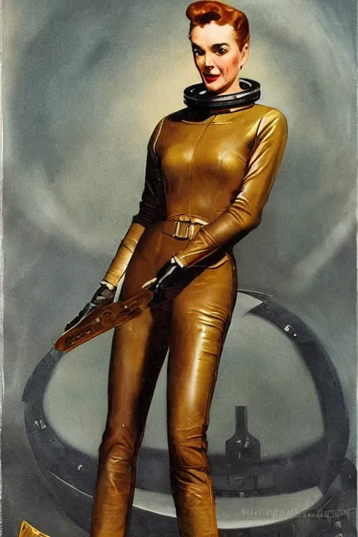 Image similar to 5 0 s pulp scifi fantasy illustration portrait striking elegant mature woman in leather spacesuit by norman rockwell, roberto ferri, daniel gerhartz, edd cartier, jack kirby, howard v brown, ruan jia, tom lovell, frank r paul, jacob collins, dean cornwell, astounding stories, amazing, fantasy, other worlds