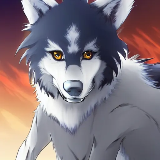 Image similar to key anime visual portrait of an anthropomorphic anthro wolf fursona, in a jacket, with handsome eyes, official modern anime art