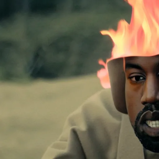 Image similar to cinematic film still of Kanye West starring as a Japanese Sensei with fire, Japanese CGI, VFX, 2003, 40mm lens, shallow depth of field, film photography