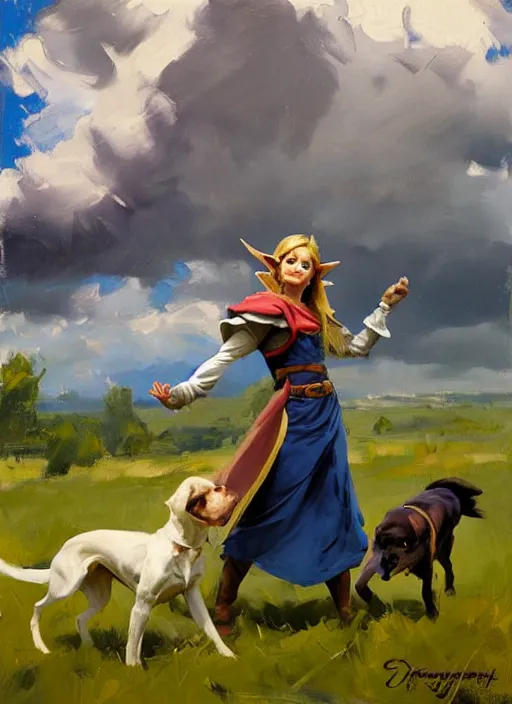 Image similar to Greg Manchess painting of prinzess Zelda in casual wear out playing with the dogs, countryside, fantasy character portrait, dynamic pose, above view, sunny day, thunder clouds in the sky, artwork by Jeremy Lipkin and Giuseppe Dangelico Pino and Michael Garmash and Rob Rey, very coherent asymmetrical artwork, sharp edges, perfect face, simple form, wacky, 100mm