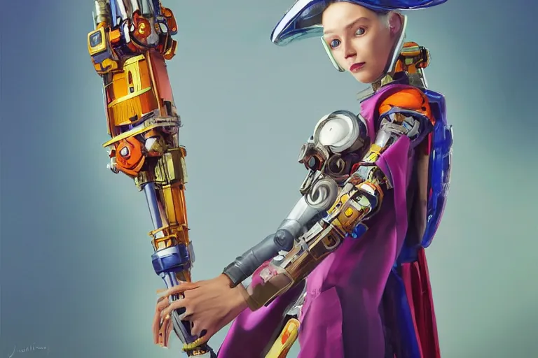 Image similar to an anthropomorphic beautiful mecha female wizard portrait holding a staff wearing colourful robe, fine art, award winning, intricate, elegant, sharp focus, octane render, hyperrealistic, cinematic lighting, highly detailed, digital painting, 8 k concept art, art by jamie hewlett and z. w. gu, masterpiece, trending on artstation, 8 k