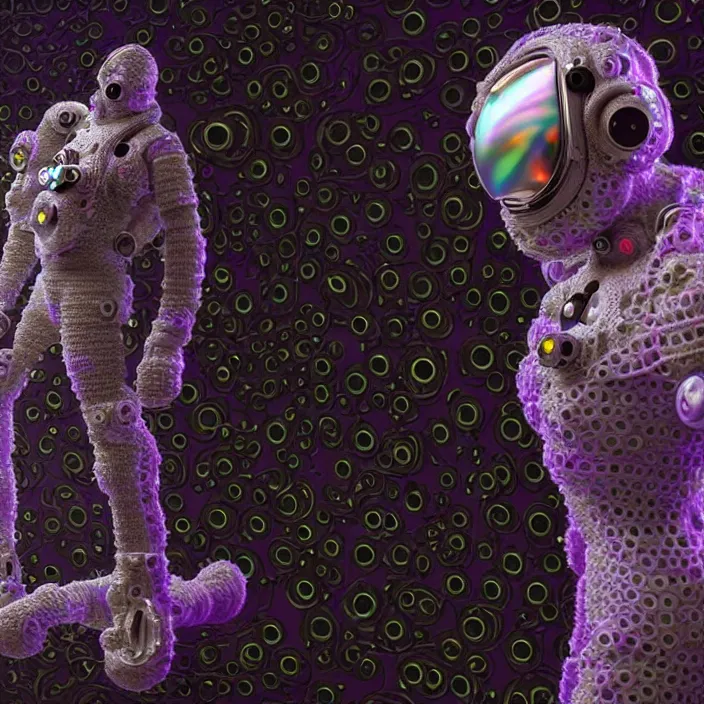 Image similar to a cybernetic symbiosis of a single astronaut mech-organic eva suit made of pearlescent wearing knitted shiny ceramic multi colored yarn thread infected with diamond 3d fractal lace iridescent bubble 3d skin dotted covered with orb stalks of insectoid compound eye camera lenses floats through the living room, film still from the movie directed by Denis Villeneuve with art direction by Salvador Dalí, wide lens,kevlar,carbon fiber,ceramics,gaseous materials,