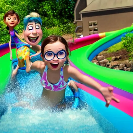 Image similar to a Still from a pixar movie of kids coming down a waterslide