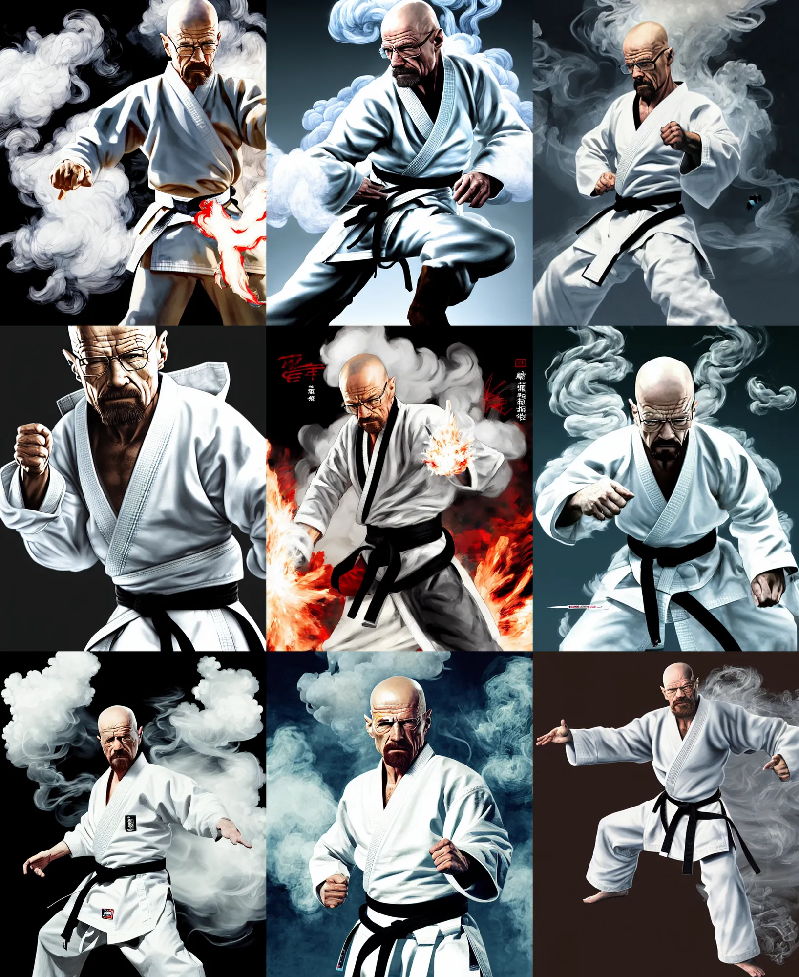 Prompt: Dynamic Concept art of grandmaster walter white wearing a white martial artist gi, fighting stance, bald head and white beard, surrounded by white smoke, smoke fills the area, character surrounded by smoke, plain background, wushu pose, by Chen Uen, art by Yoji Shinkawa, 4k