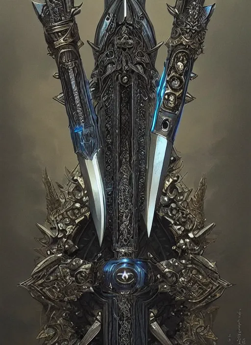 Image similar to legendary sword of technology, intricate black and iridescent blade, ornate gothic baroque spikes, glowing handle, detailed realistic, ray tracing, colored gems, art by greg rutkowski