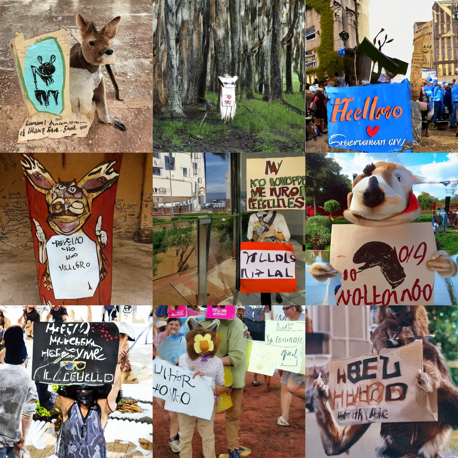 Image similar to <photo readable coherent>A kangaroo holding a sign that says Hello</photo>