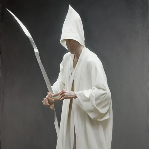 Image similar to fantasy painting of a pale man dressed in robes with a black blade, painted by Zdzlaw Bekinski and Bayard Wu, ultra detailed, 8k