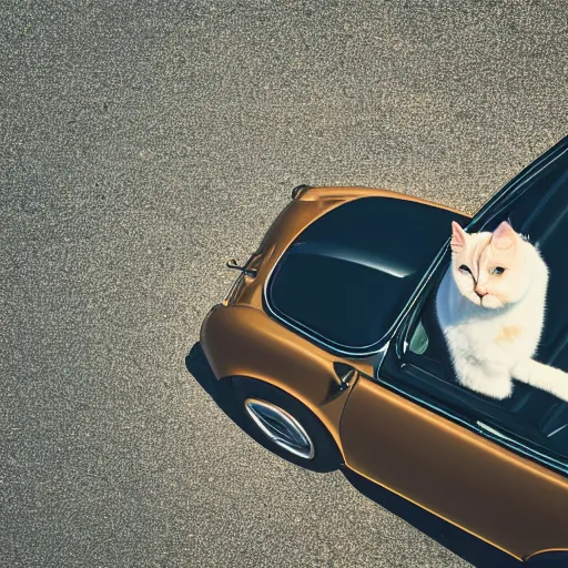 Prompt: top view of cabriolet, cat behind steering wheel looking happy, golden hour