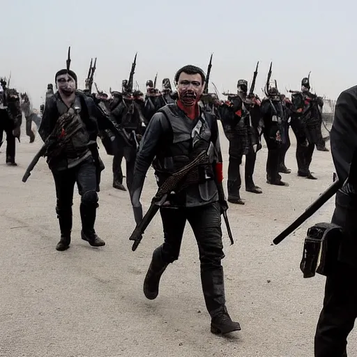 Image similar to spanish president pedro sanchez leading an army of the undead in a post - apocalyptic world