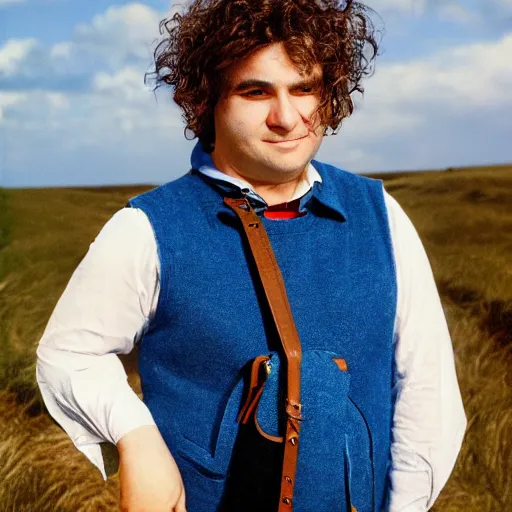 Prompt: close up headshot of a frowning clean shaven pudgy British lad with short curly dark brown hair as a hobbit wearing a white men's crossbody sling chest bag and blue vest, blue vest!! white crossbody chestbag!! high resolution film still, by Bruce Weber