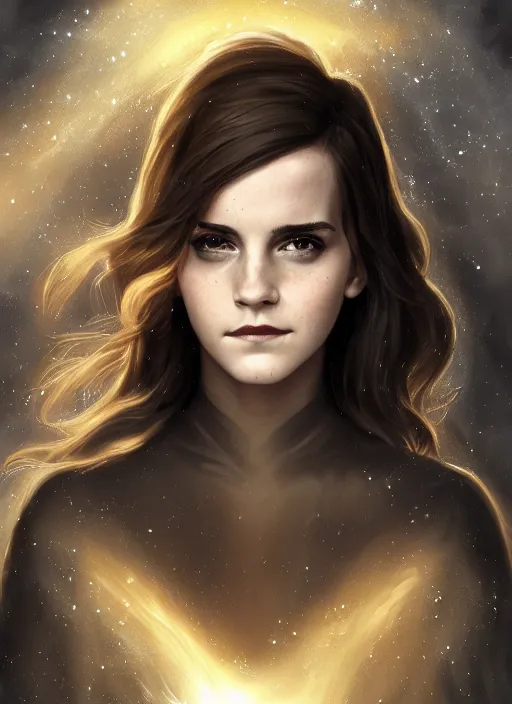 Image similar to emma watson as dark magic celestial, long hair, black, gold and transparent cloth, space, D&D, shiny background, intricate, elegant, highly detailed, digital painting, artstation, concept art, smooth, sharp focus, illustration, artgerm, bouguereau