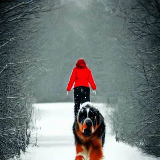 Image similar to girl riding giant Bernese Mountain Dog in the snow, trending on artstation