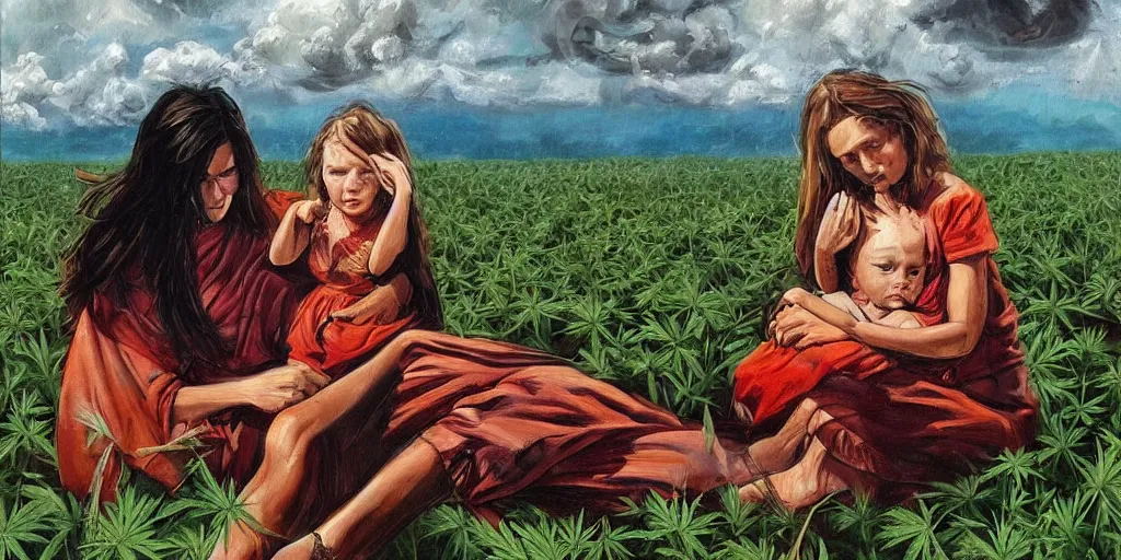 Prompt: a painting, style of simon bisley, one mother and her one very young daughter, in long green aqua'''dresses, with clothes on, smoking a bowl of hash together, from a huge red glass bong, sitting in a field of cannabis, with dark clouds in the sky