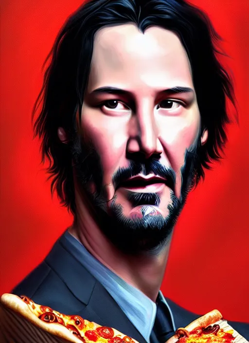 Image similar to portrait of keanu reeves eating pizza, intricate, elegant, glowing lights, highly detailed, digital painting, artstation, concept art, smooth, sharp focus, illustration, art by wlop, mars ravelo and greg rutkowski