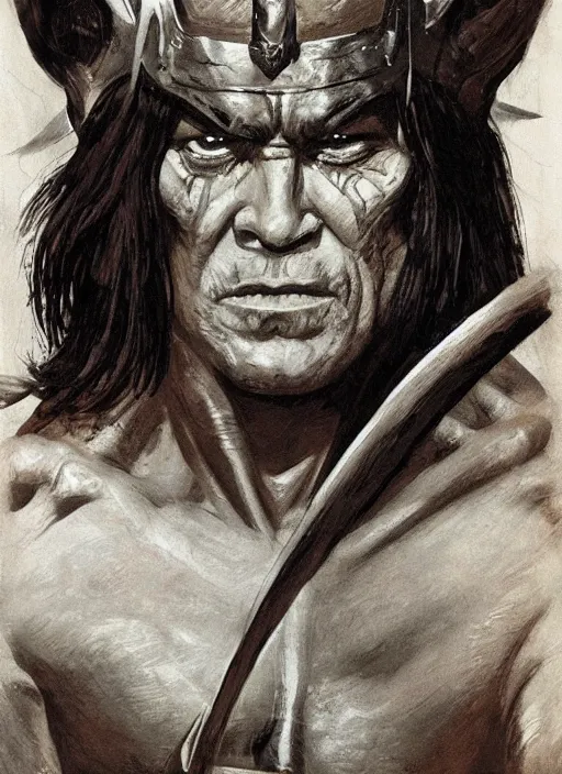 Image similar to An ultra-detailed ,hyperrealistic, face-centered portrait of Conan the barbarian in battling skeleton warriors, by John Buscema , Frank Frazetta and Bill Sienkiewicz, trending on marvel, trending on artstation