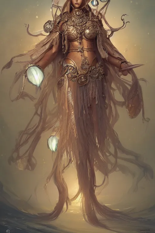 Image similar to a anthropomorphic jellyfish warrior, D&D, fantasy, intricate, highly detailed, digital painting, artstation, concept art, smooth, sharp focus, illustration, art by artgerm and greg rutkowski and alphonse mucha