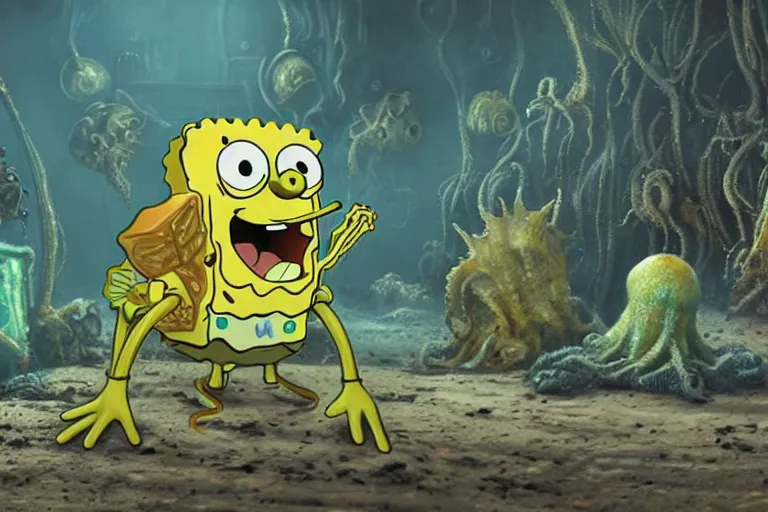 Prompt: Spongebob Cthulhu chimera, photorealistic still from Alien Planet(2005), artstation
