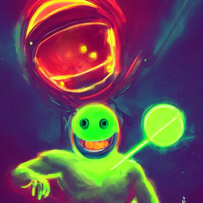 Image similar to cinematic portrait of a cute tennis ball monster in space, neon lasers, chalk, masterpiece, trending on artstation, featured on pixiv, cinematic composition, dramatic pose, beautiful lighting, sharp details, hyper - detailed, hd, hdr, 4 k, 8 k, art by basil gogos