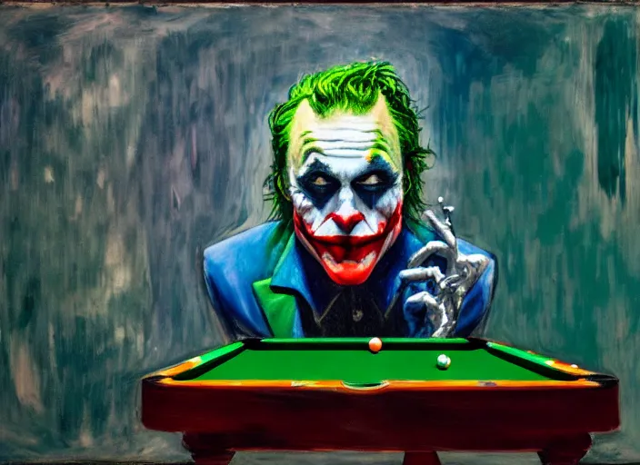 Prompt: the joker playing pool, vincent lefevre and hernan bas and pat steir and peter doig and hilma af klint, psychological, photorealistic, dripping paint, washy brush, rendered in octane, altermodern, masterpiece