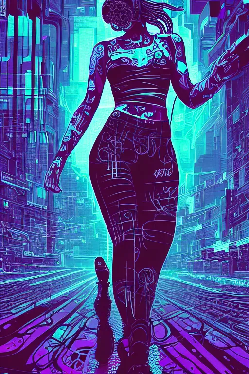 Image similar to dreamy cyberpunk girl full body shot, abstract background, digital nodes, beautiful woman, detailed acrylic, grunge, intricate complexity, by dan mumford and by jonathan solter