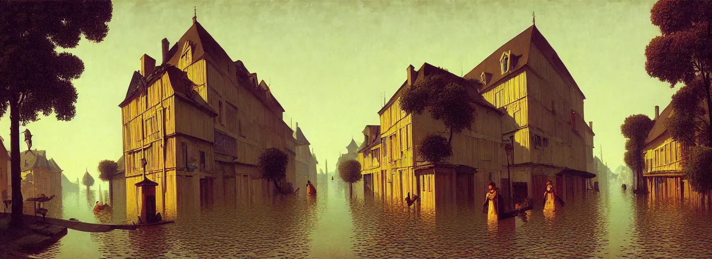 Image similar to flooded old wooden city street, very coherent and colorful high contrast masterpiece by rene magritte simon stalenhag carl spitzweg jim burns, full - length view, dark shadows, sunny day, hard lighting, reference sheet white background