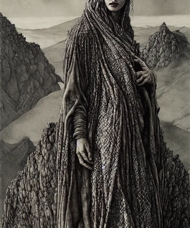 Image similar to A detailed snakewoman stands among the hills. Wearing a ripped mantle, robe. Extremely high details, realistic, fantasy art, solo, masterpiece, art by Zdzisław Beksiński, Arthur Rackham, Dariusz Zawadzki