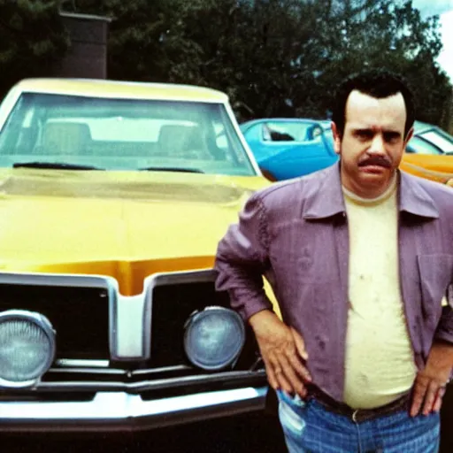 Prompt: a deteriorating color photo from 1 9 7 2 of a persistent used car salesman that looks like a cross between bill burr and fred savage with his hand on a junker car