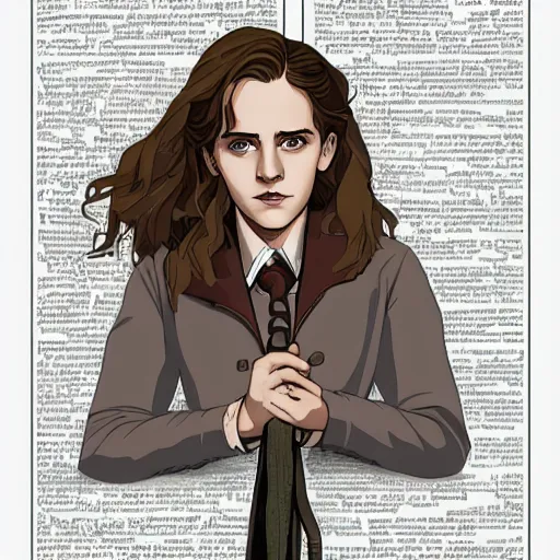 Prompt: Portrait of Emma Watson as Hermione Granger. Patryk Hardziej. Tomer Hanuka. Highly detailed. 4K.