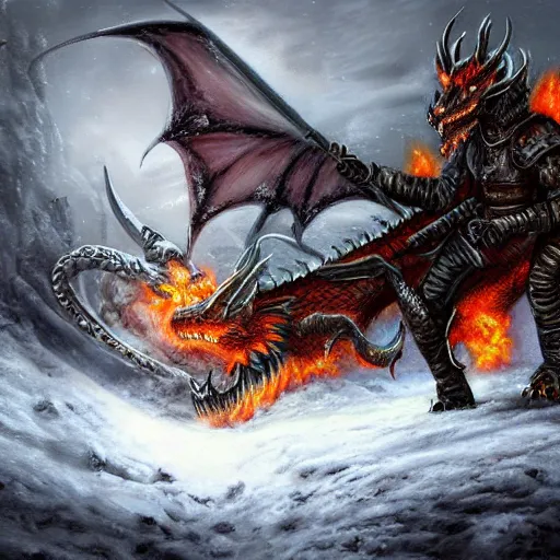 Prompt: fantasy warrior being eaten by a dragon in the snow