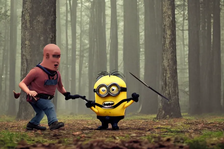 Image similar to a guy killing a minion, forest, dark, mid night