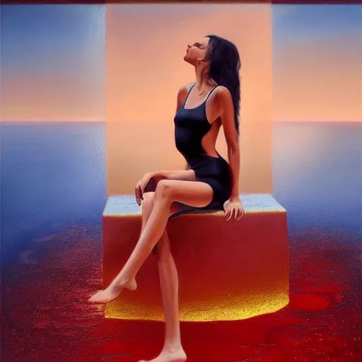 Image similar to Emily Ratajkowski full body laying in a blood red pool of water between a golden mirror frame, outside is space and inside the mirror frame is a beautiful landscape. Hyperrealistic surreal 4K IMAX Rene Margritte intricate, elegant, highly detailed, digital painting, artstation, concept art, smooth, sharp focus, illustration, art by artgerm and greg rutkowski and alphonse mucha