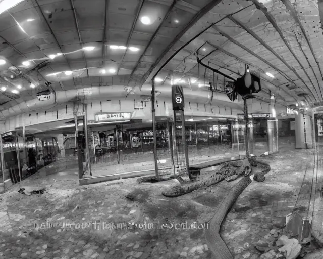 Image similar to camera footage of a giant Python in an abandoned shopping mall, high exposure, dark, monochrome, camera, grainy, CCTV, security camera footage, timestamp, zoomed in, fish-eye lense, snake,