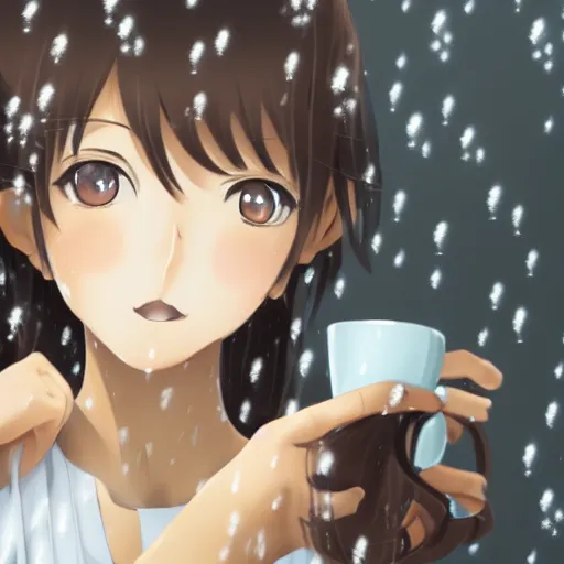 Image similar to portrait of a girl drinking cappucino during rain, anime fantasy illustration by tomoyuki yamasaki, kyoto studio, madhouse, ufotable, trending on artstation