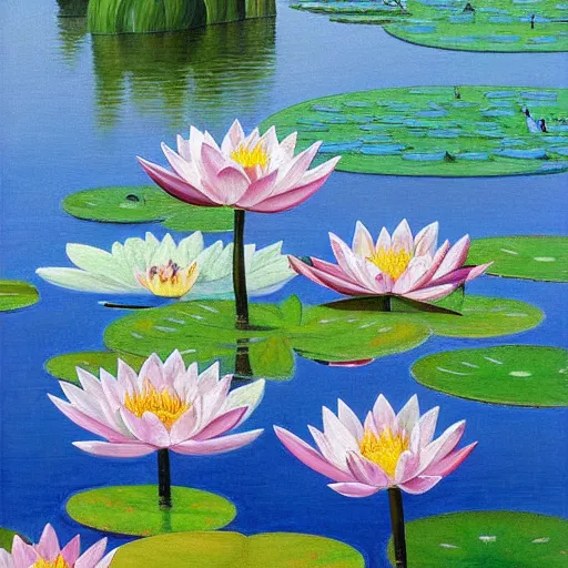 Prompt: A peaceful painting that shows a pond with water lilies floating on the surface. The colors are soft and calming, and the overall effect is one of serenity and relaxation. comatesque inlay by Chantal Joffe, by Jacek Yerka, by Ross Tran