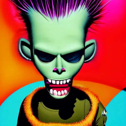 Prompt: a pink punk rock alien with spiked hair, an airbrush painting by Jamie Hewlett, cgsociety, symbolism, antichrist, aesthetic, 8k