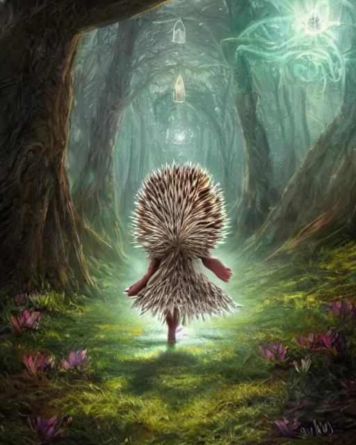 Prompt: Hedgehog magus, gaia, nature, fairy, forest background, magic the gathering artwork, D&D, fantasy, cinematic lighting, centered, symmetrical, highly detailed, digital painting, artstation, concept art, smooth, sharp focus, illustration, volumetric lighting, epic Composition, 8k, art by Akihiko Yoshida and Greg Rutkowski and Craig Mullins, oil painting, cgsociety