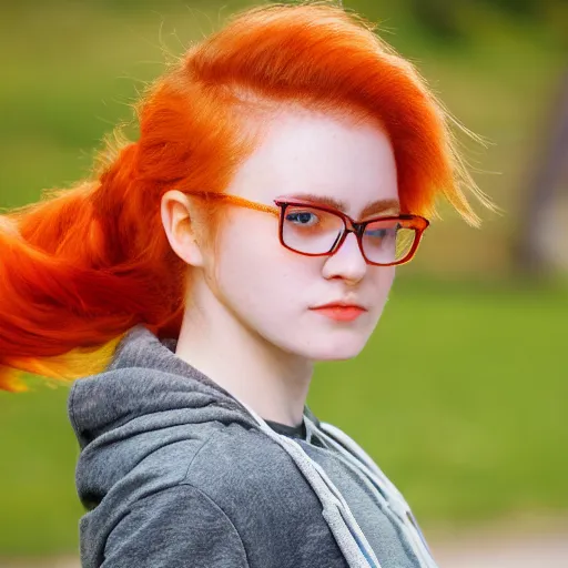 Prompt: masterpiece, hyperdetailed, hd portrait of a teenage girl with orange hair up in a ponytail. she is wearing a green hoodie, glasses, has pale skin, and is wearing a white shirt.